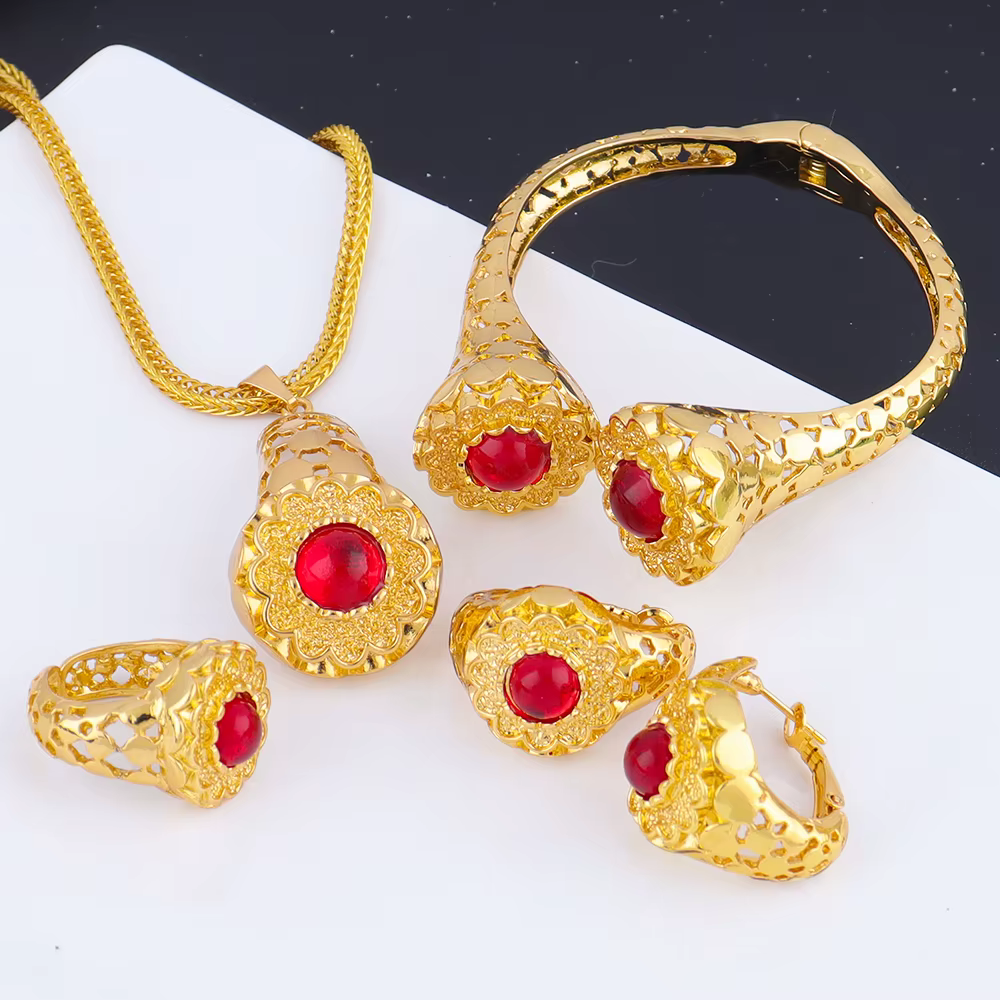 Boucles d'oreilles en pierres multicolores plaquées or de qualité de luxe, bague, collier, bracelet 