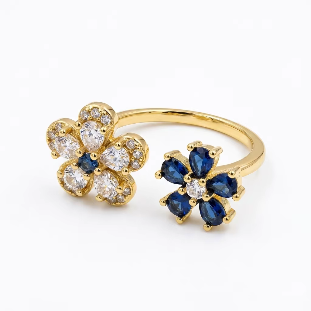 Bague ouverte à fleur bicolore à taille ajustable pour femme avec zircon cubique incrusté, idéale po