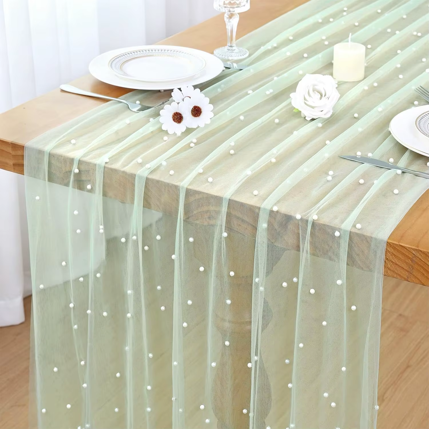 Lot de 4 chemins de table en tulle perlé 75*300CM (10FT) pour mariage, décoration de table en voile 