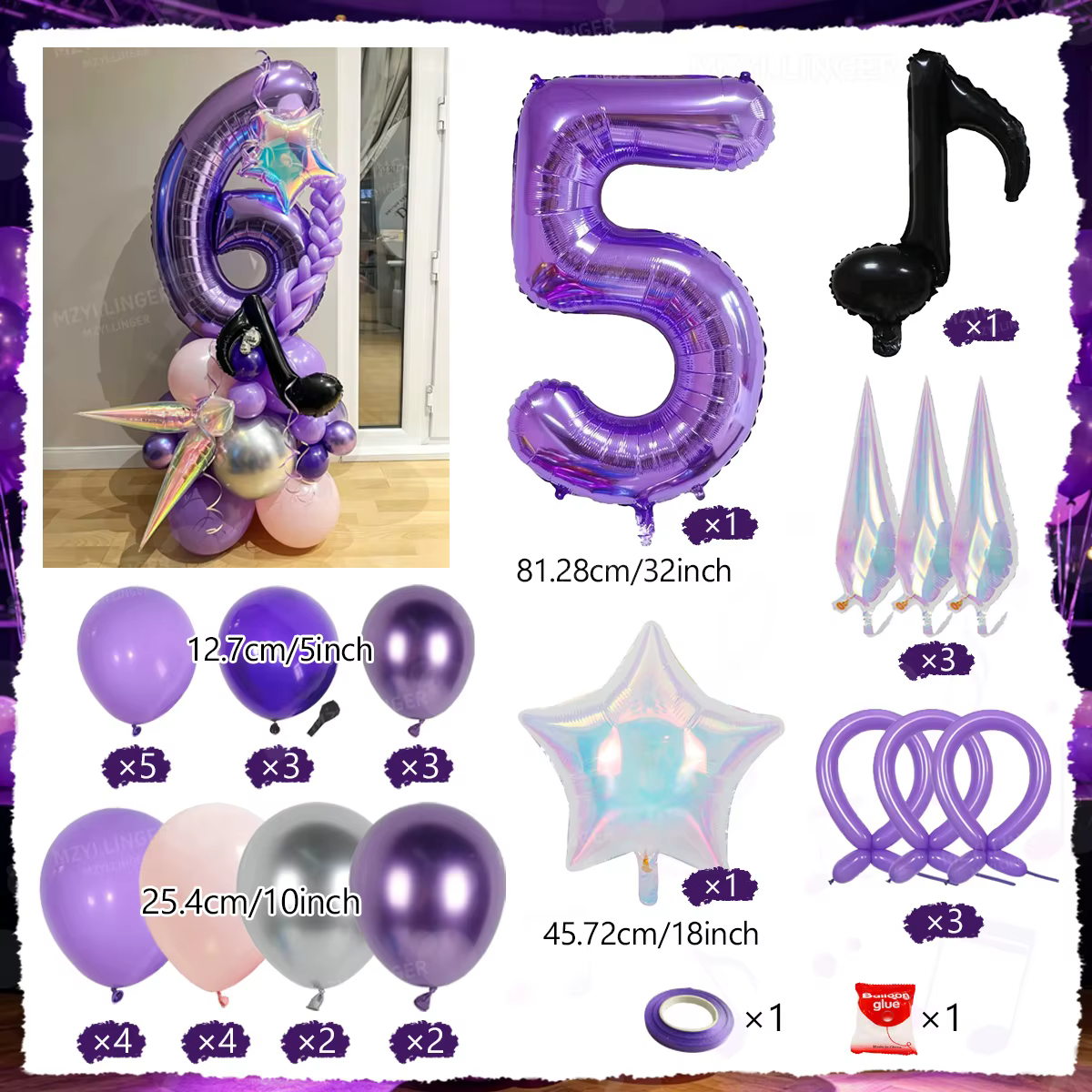 Ensemble de colonnes de ballons sur le thème de la musique, comprenant des ballons en forme de notes