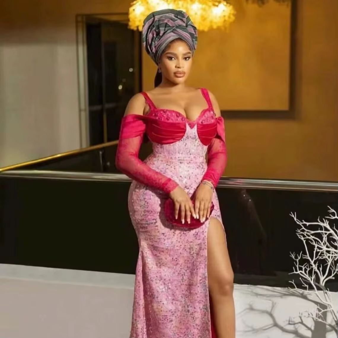 Robe de mariée élégante en dentelle africaine, tenue culturelle Aso Ebi, robe de soirée sirène rose 