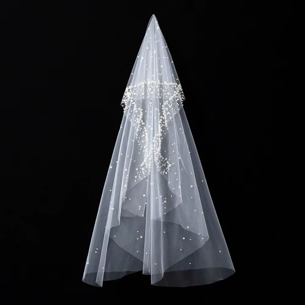 Voile de mariée en tulle perlé de 130 cm, style vintage, longueur taille, sans peigne, voile tombant