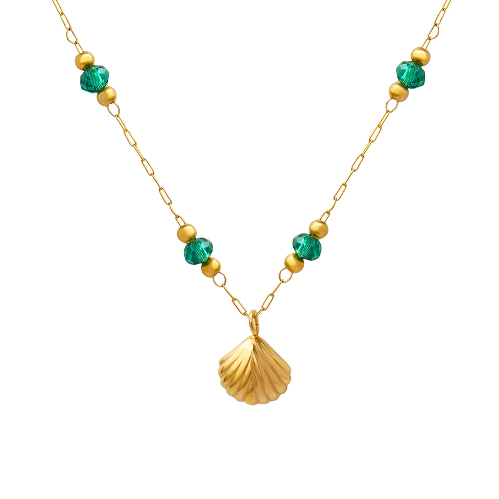 Collier avec pendentif coquillage en cristal vert pour femme, acier inoxydable étanche, bijoux en pe