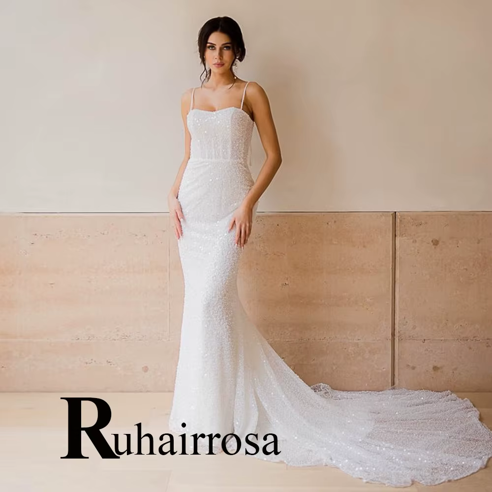 Ruhair Robe De mariée moderne pour mariée bretelles Spaghetti dos nu sirène Seuquined Tulle Robe De 