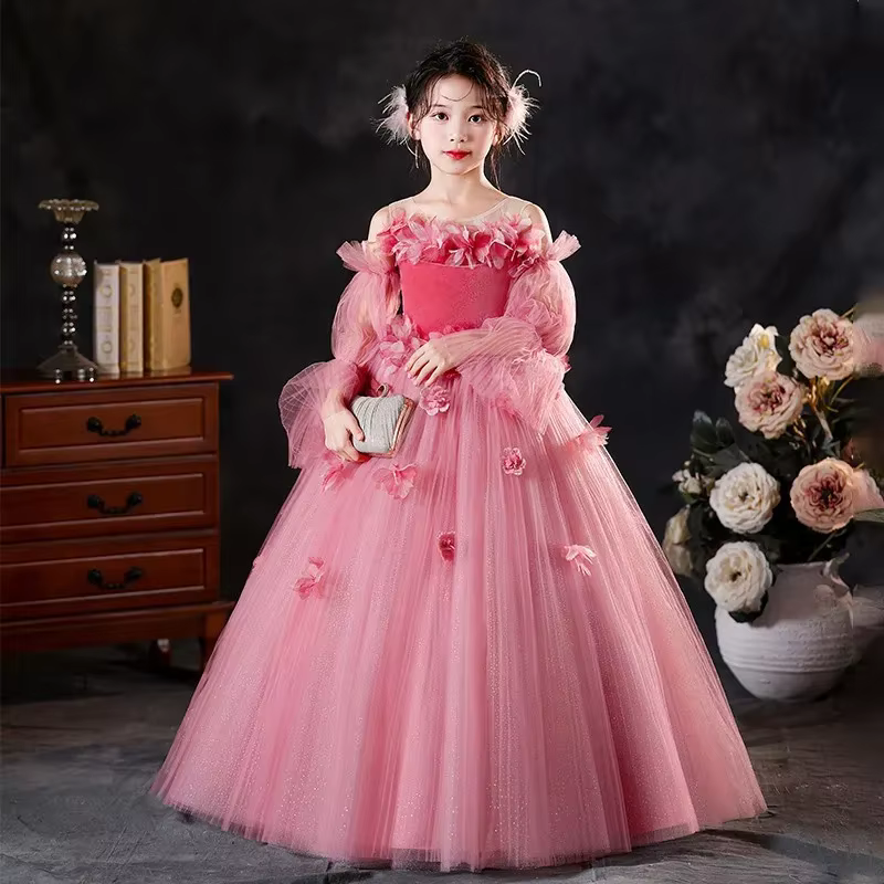 Robe de princesse rose pour filles, tenue de fête d'anniversaire, élégante, manches longues, en Tull