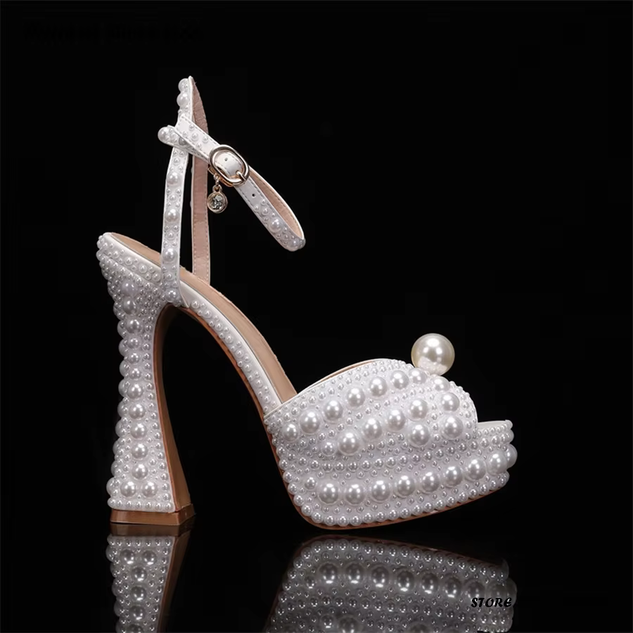 Chaussures de mariage à plateforme en fausses perles pour femmes, sandales à talons hauts avec sangl