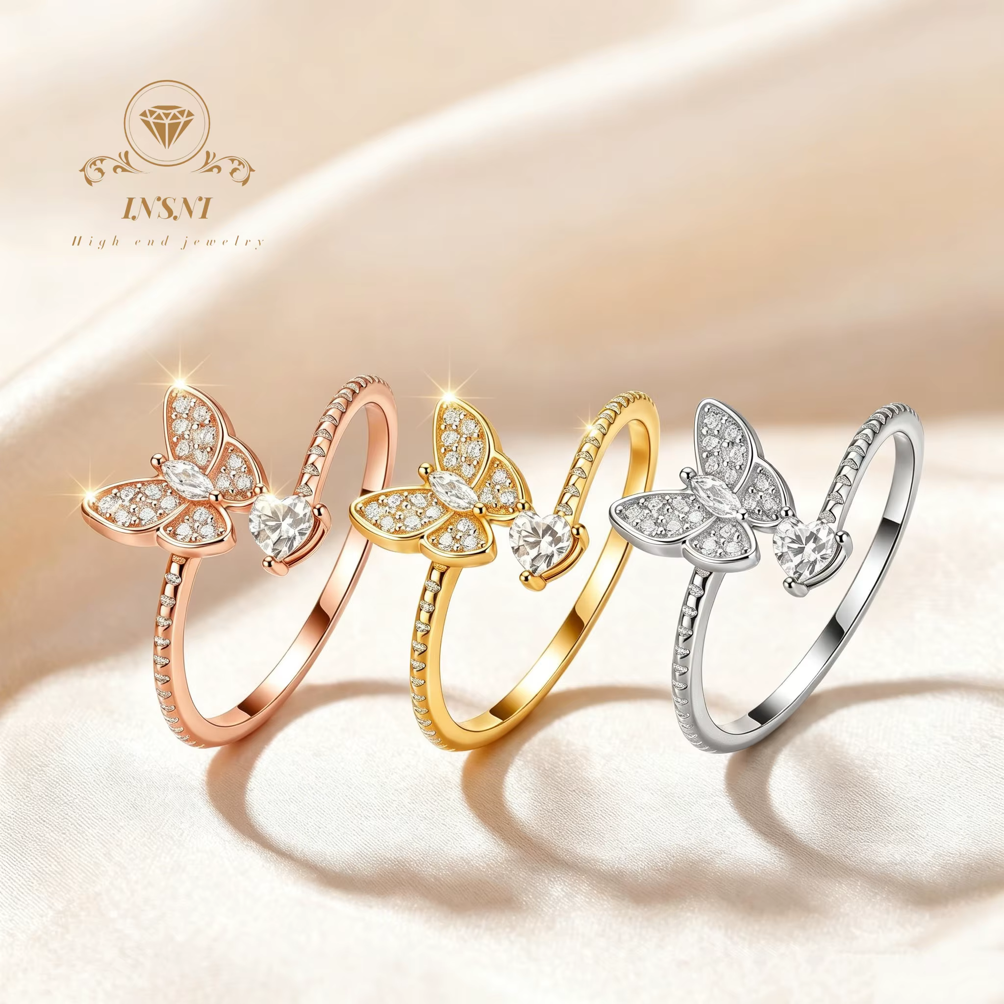 Bague en argent sterling S925 avec moissanite, motif papillon et cœur, ouverte et polyvalente, bijou