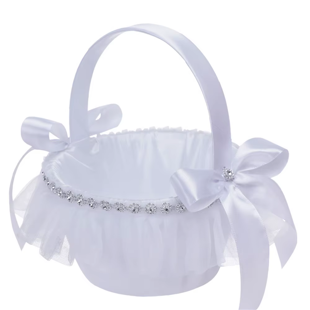 Panier élégant en dentelle blanche pour demoiselle d'honneur avec strass et nœuds en satin, décorati