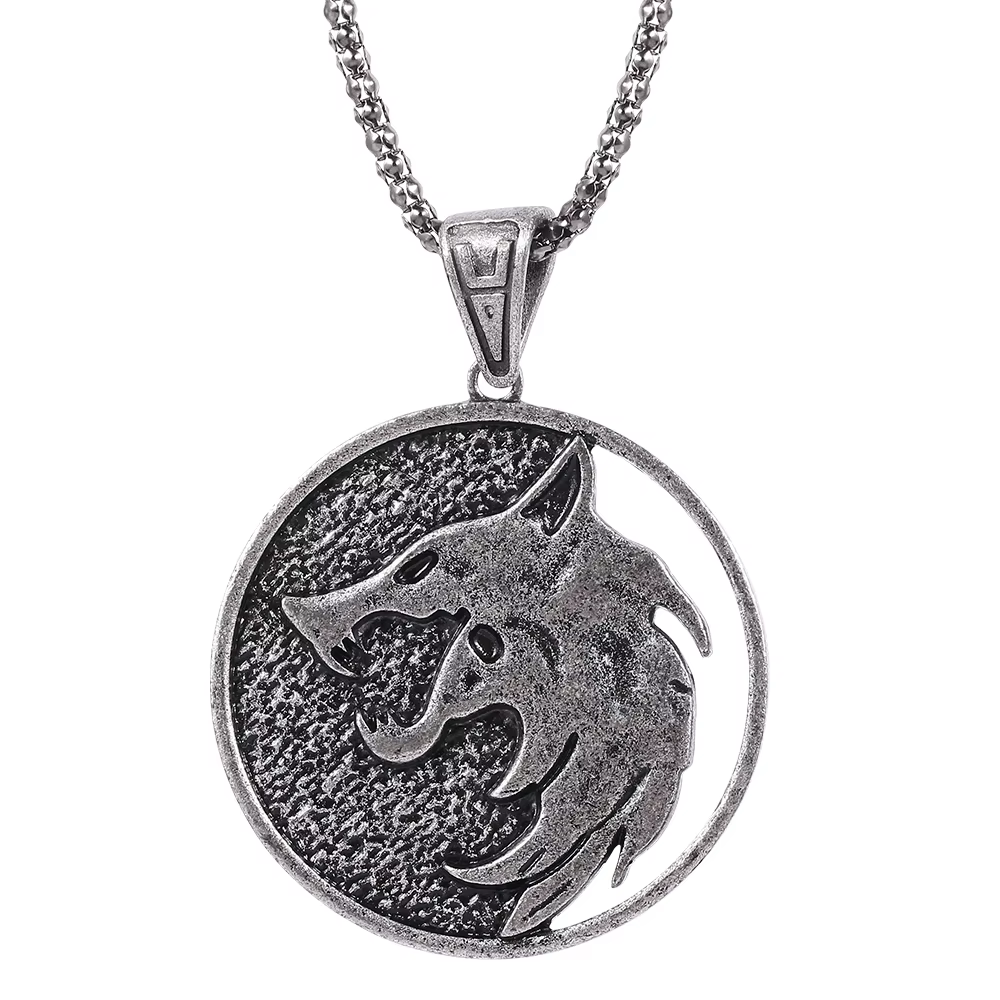 Collier Rétro Punk Sorcier, Pendentif Logo Tête de Loup Sauvage, Chasseur de Monstres, Accessoire de