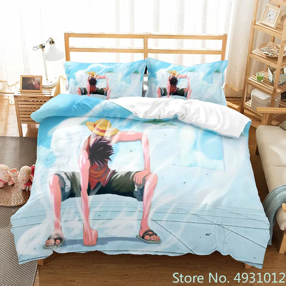 Une pièce Luffy garçon 3 pièces ensemble de literie couette dessin animé housse de couette taie d'or