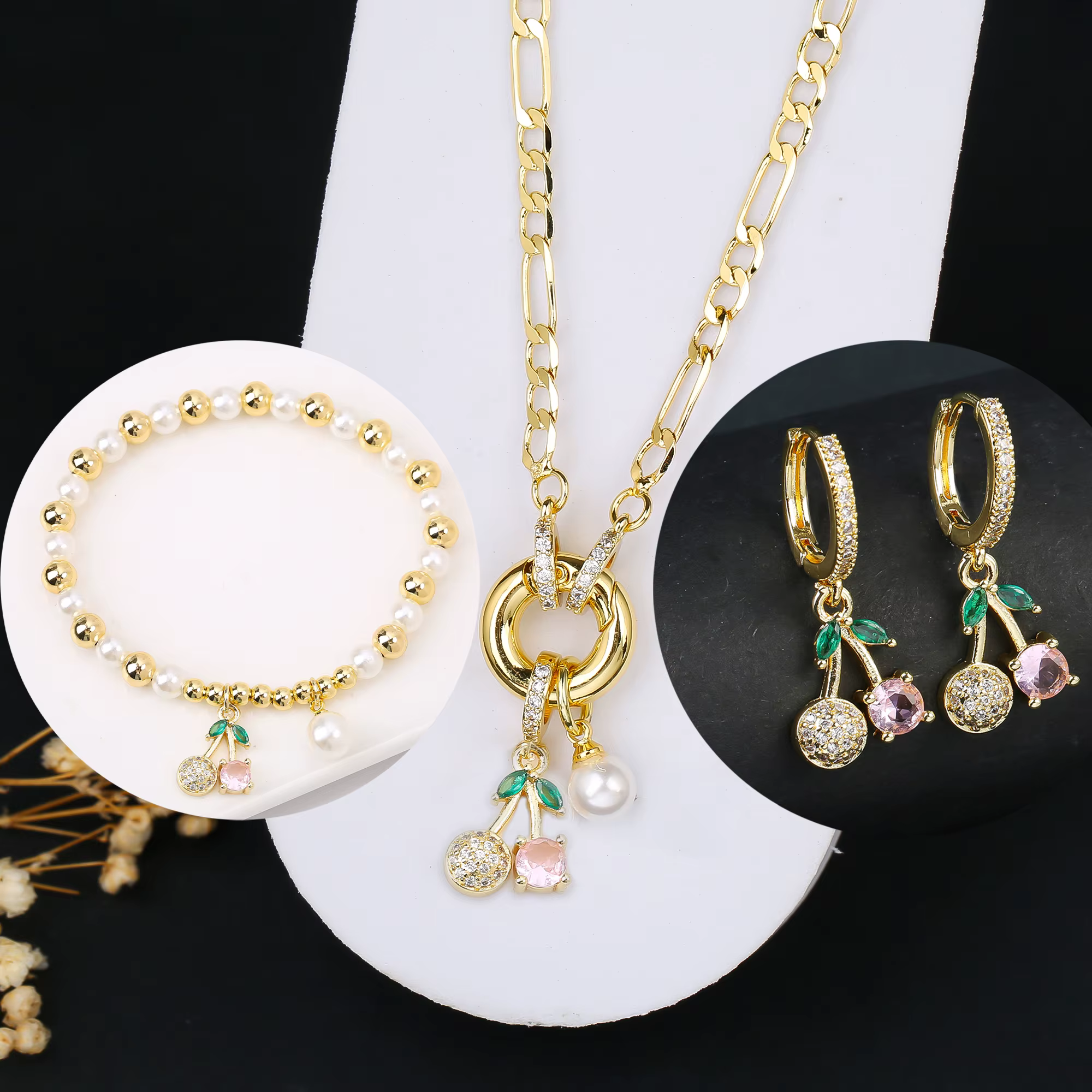 3 pièces offre spéciale brillant zircone cristal cerise collier Bracelet boucles d'oreilles ensemble