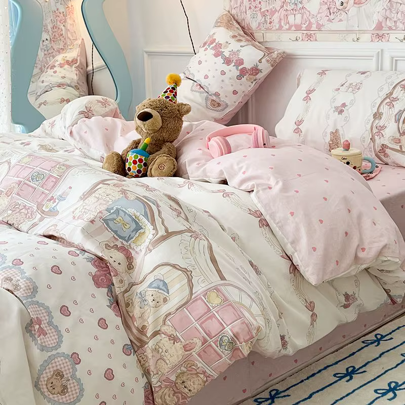 Ensemble de housse de couette ours mignon avec fermeture éclair, drap de lit en forme de cœur rose, 