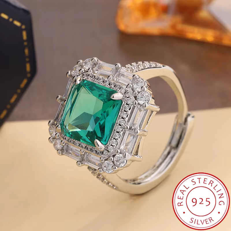 Bague plaquée argent 925 à la mode pour femmes – Bague en Zircon vert brillant de haute qualité avec