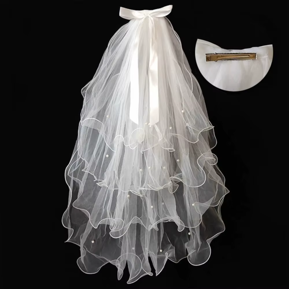 Voile de mariée élégant à quatre couches en tulle doux, voiles de mariage bouclés, ruban à nœud en p