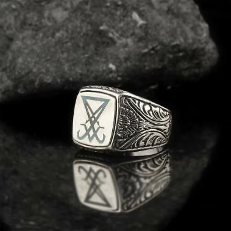 Bague Vintage en Acier Inoxydable pour Homme, Bijoux Punk Rock, Sigil Lucifer, Sceau de Satan, OSR91