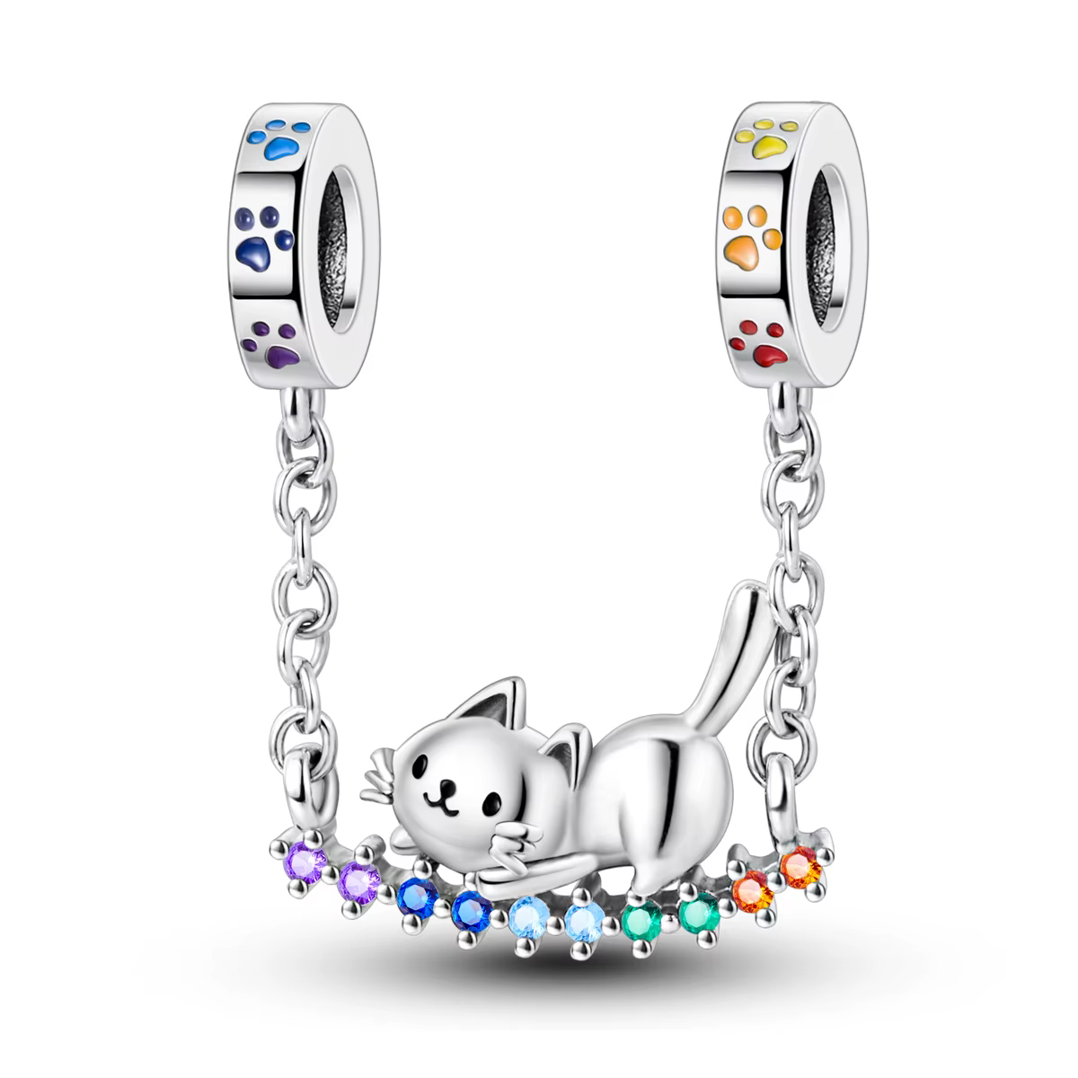 Breloques chat arc-en-ciel en argent sterling 925, perles émaillées multicolores, pour bracelets et 