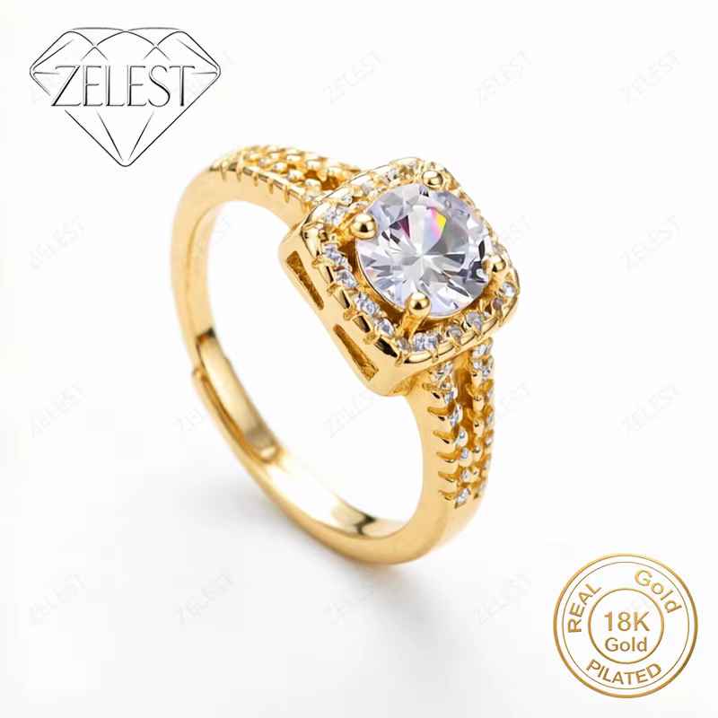 Bague en argent sterling 925 plaqué or 18 carats avec zircon carré délicat pour femmes, bijoux éléga