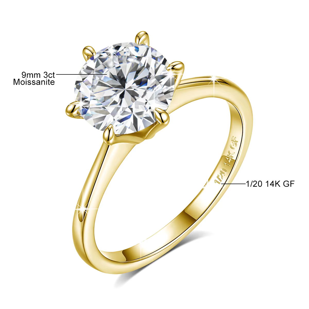 Bague Moissanite GRA 9mm 3CT, or 14 carats rempli, bandes classiques à Six griffes, résistantes à l'