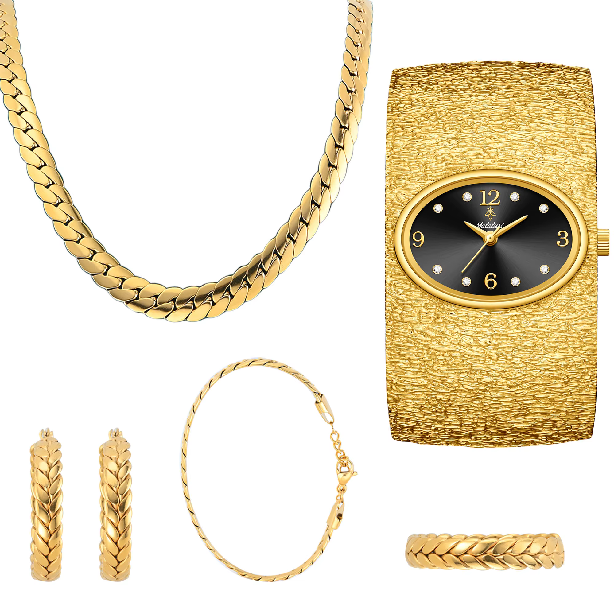 Ensemble de bijoux classiques à la mode : collier, boucles d'oreilles, bague, bracelet et montre rés