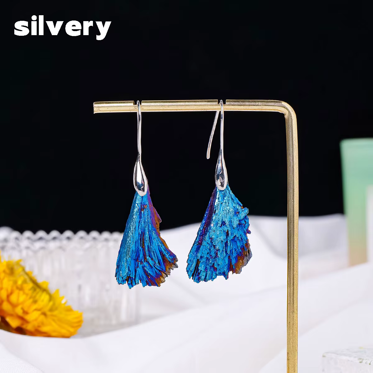 Boucles d'oreilles en cristal naturel Aura, Tourmaline noire, Plume bleue, Pierre originale, Plume d