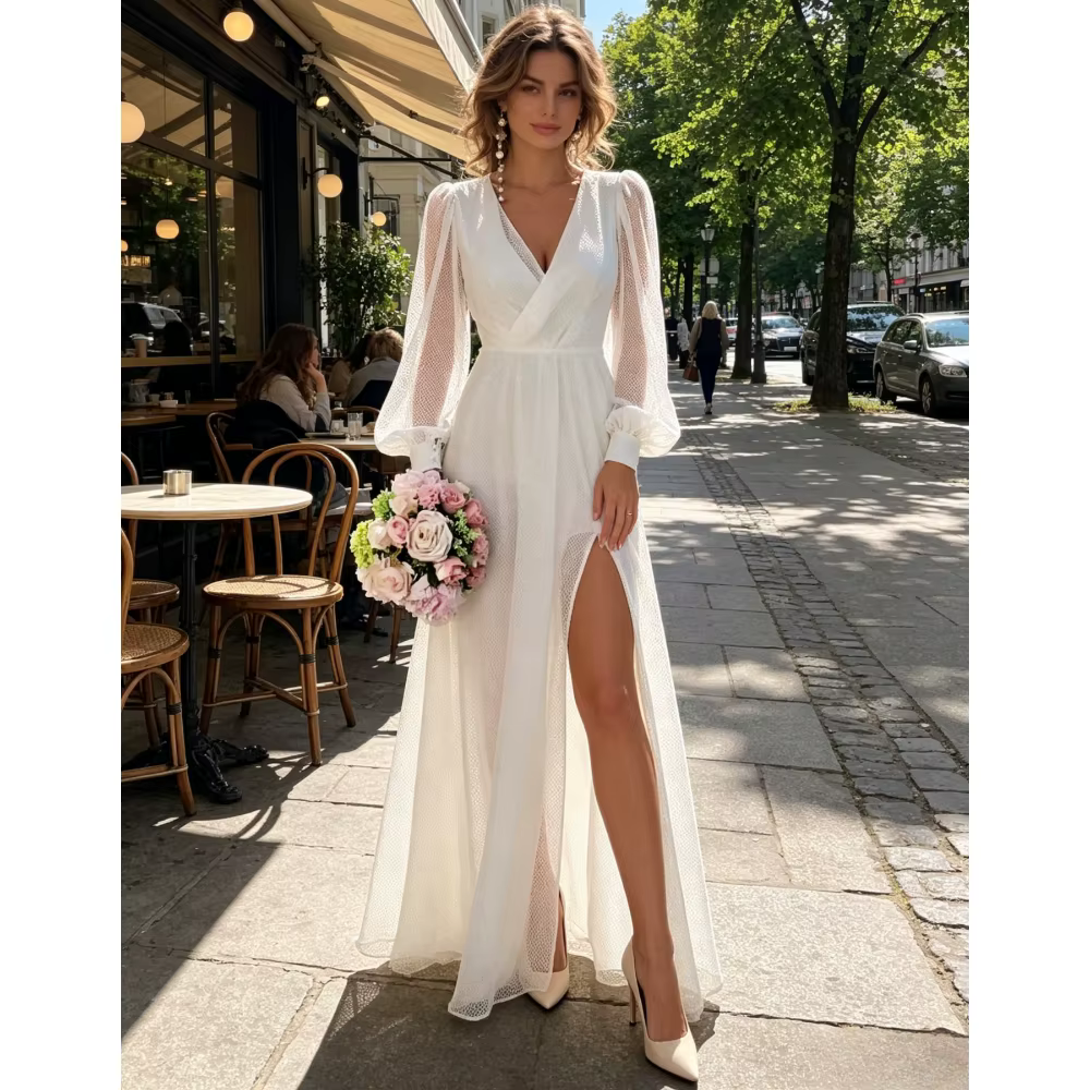 Robes de mariée bohèmes personnalisées en mousseline de soie pour la plage, col en V, dentelle trans