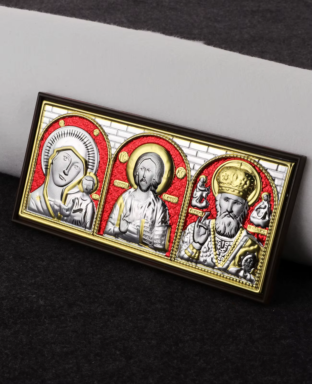 Orthodox Theotokos Pantocrator St. Nicolas, ornement en bois, Triple icône saint, affichage, porte m