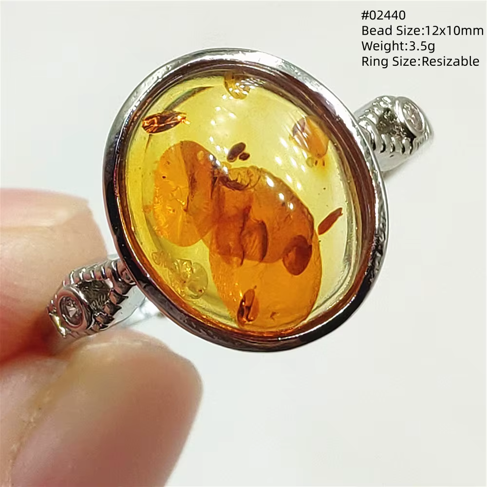 Bague ajustable en ambre véritable, pierre précieuse naturelle, perles ovales en argent Sterling 925