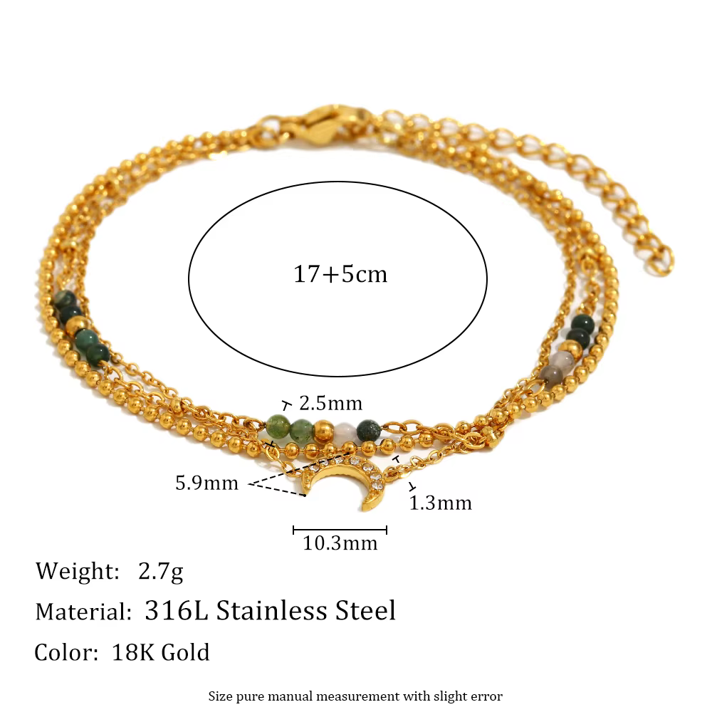 E.B.belle – Bracelet avec pendentif lune à trois couches, plaqué or 18 carats, en acier inoxydable, 