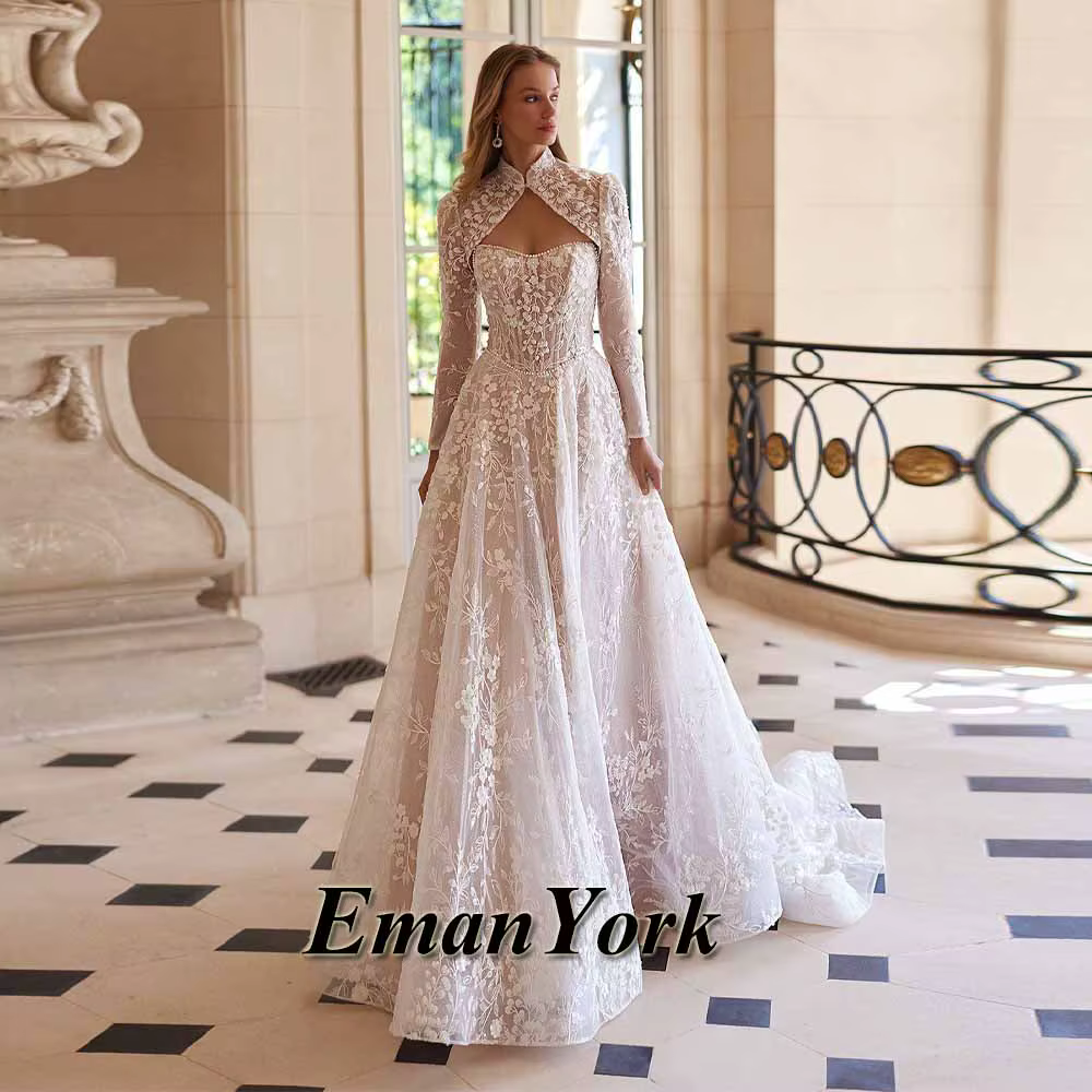 EmanY robes De mariée délicates pour femmes avec Appliques a-ligne sans manches à lacets plissé Robe