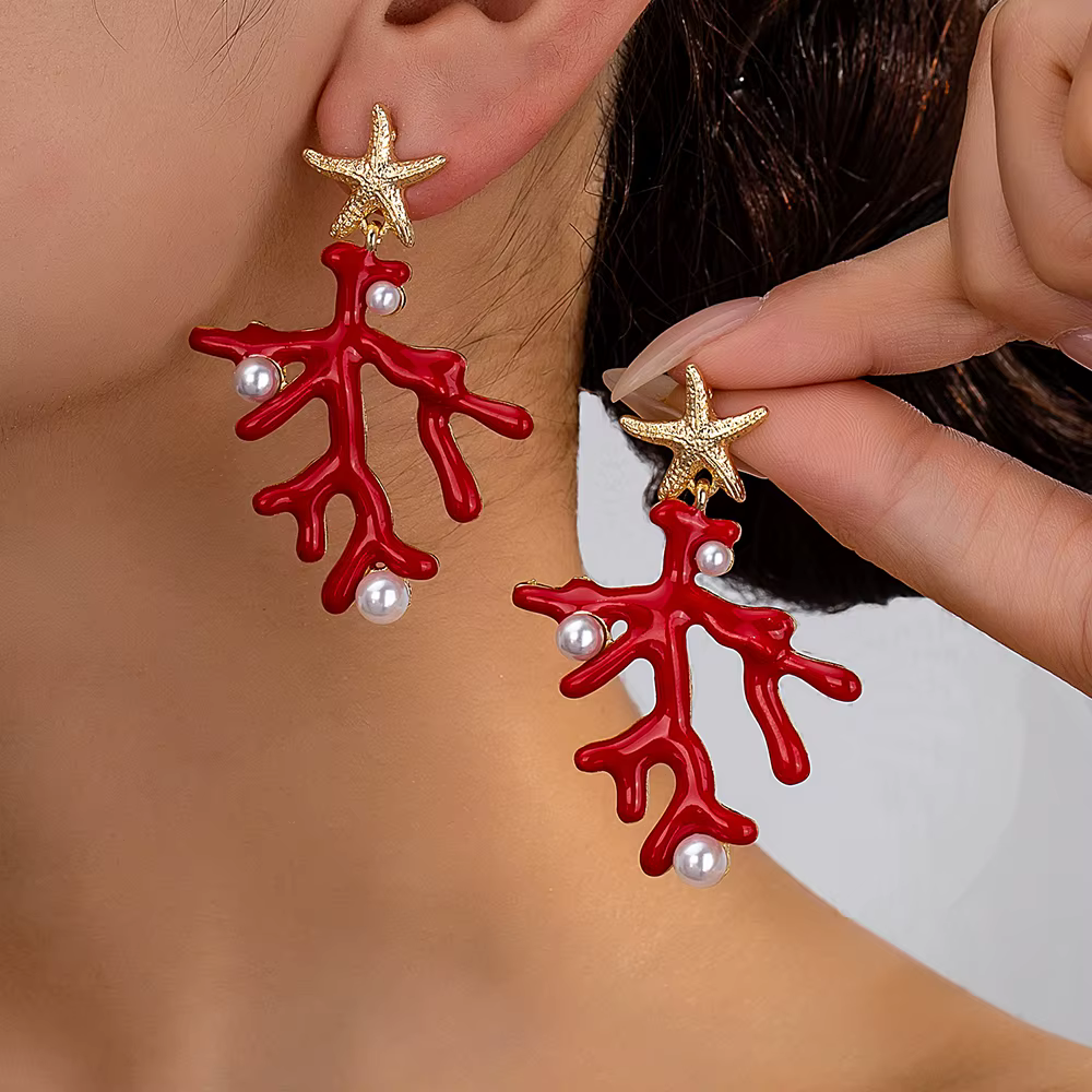 Boucles d'oreilles en corail rouge à la mode, en métal exquis en forme de corail, Style océan, perle