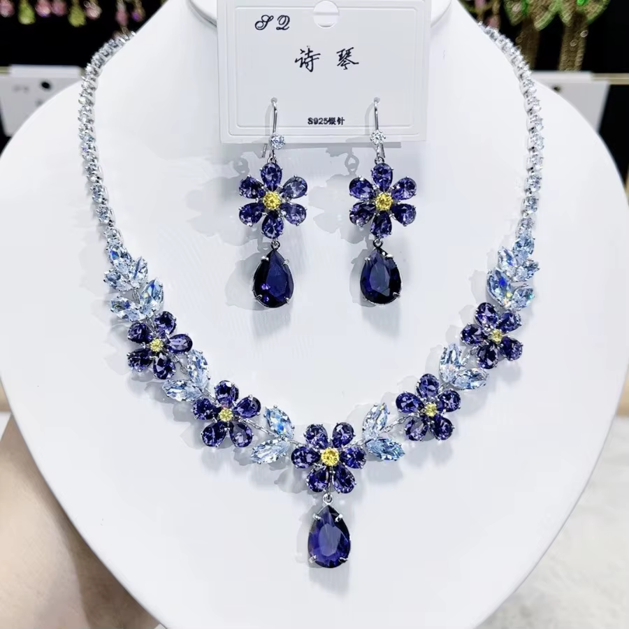 Collier et boucles d'oreilles en Zircon coloré pour femmes, à la mode, 2024