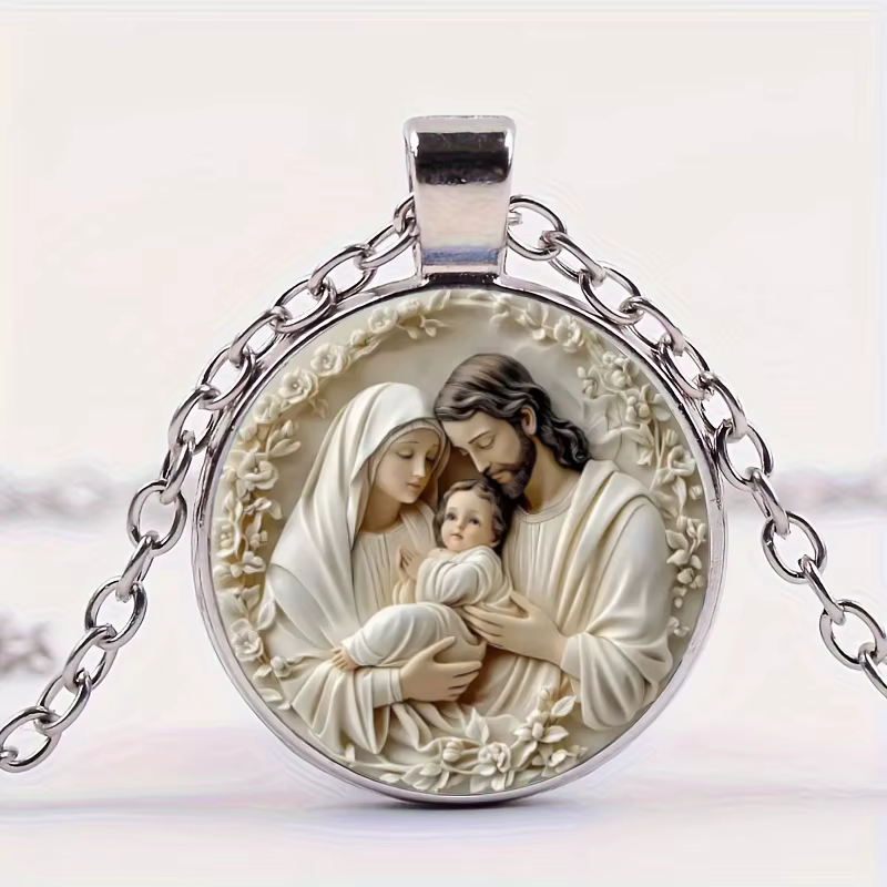 Collier chrétien de la sainte famille, bijoux religieux ronds de Jésus, cabochon breton en verre, pe