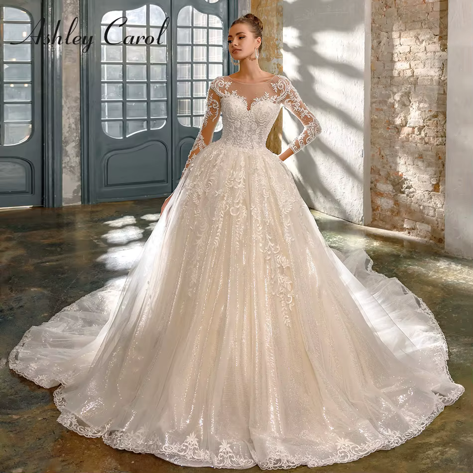 Ashley Carol robe De bal robes De mariée à manches longues dos nu robe De mariée scintillante crista