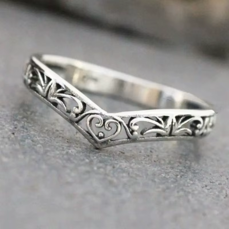 Huretailers-Bague Chic en Forme de V pour Femme, Design Évidé, Documents Antiques en Argent, Vintage