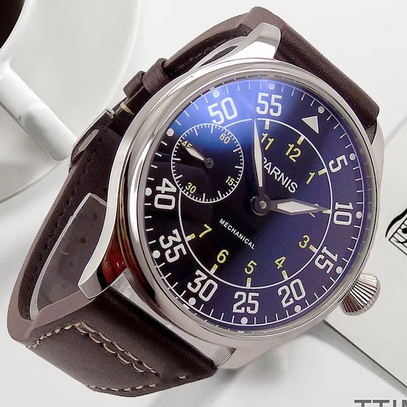 PARNIS-Montre à Remontage Mécanique pour Homme, 17 Bijoux, Mouvement Shoous Hand Camel Strap, Mode 6
