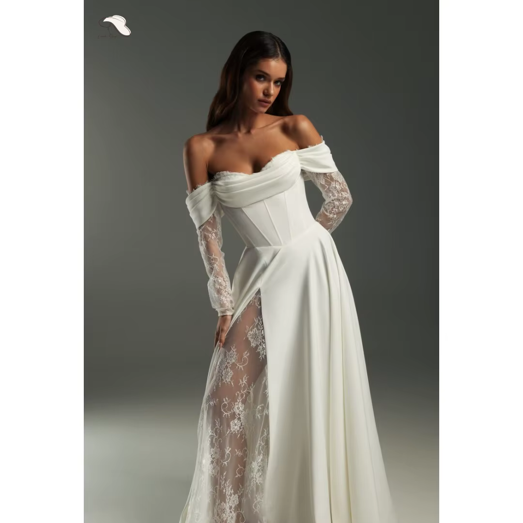 Robe de mariée blanche personnalisée Lorinda, coupe A-line, avec corset épaules dénudées, manches lo