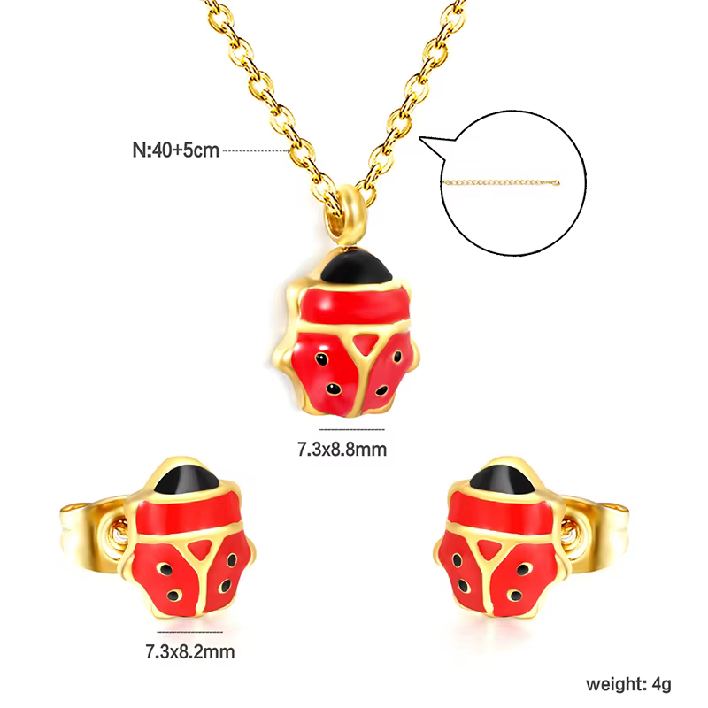 Ensemble de bijoux coccinelle rouge élégant plaqué or 18 carats pour femme – Collier et boucles d'or