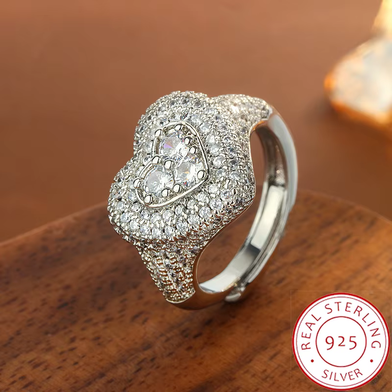 Bague en forme de cœur entièrement CZ de style Hip Hop – Bague réglable glacée pour femmes, bijoux a