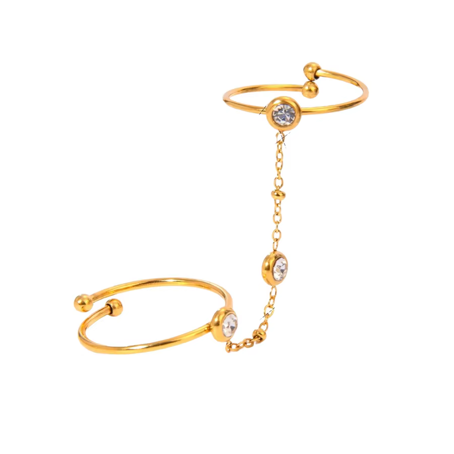 Bague double chaîne couleur or en acier inoxydable plaqué or avec zircon pour femme, bijou tendance 