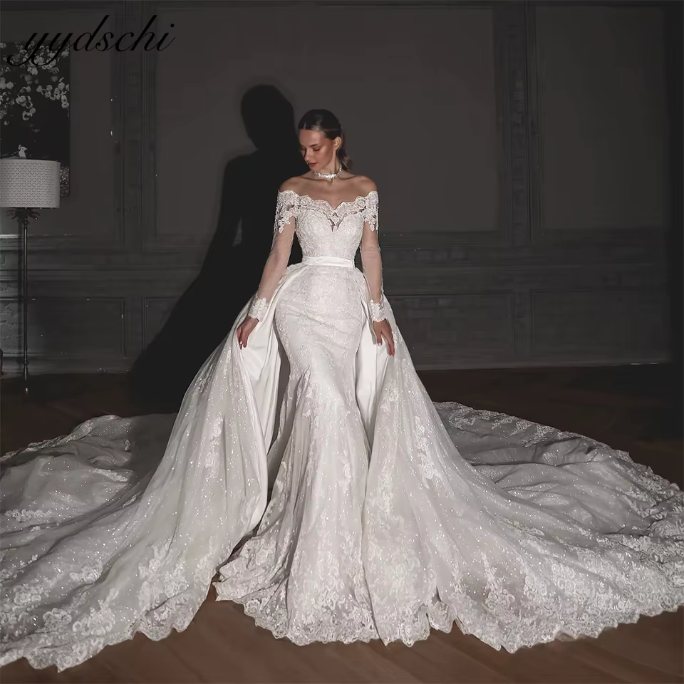 Robe de mariée de luxe à col bateau avec traîne détachable 2026, manches longues illusion, appliques