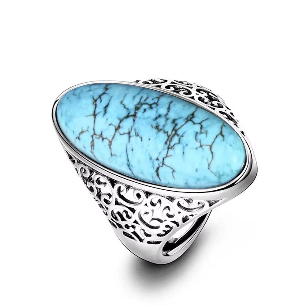 Bague Vintage Turquoise creuse, plaqué argent, bijoux fins pour femmes et hommes, cadeau de fête