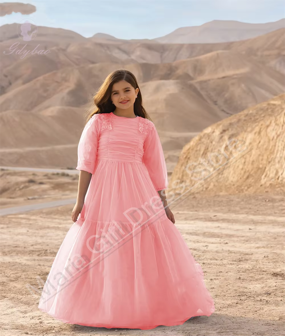 Robe de mariage élégante à fleurs bleu clair pour filles, col rond, avec des Appliques en Tulle, pou