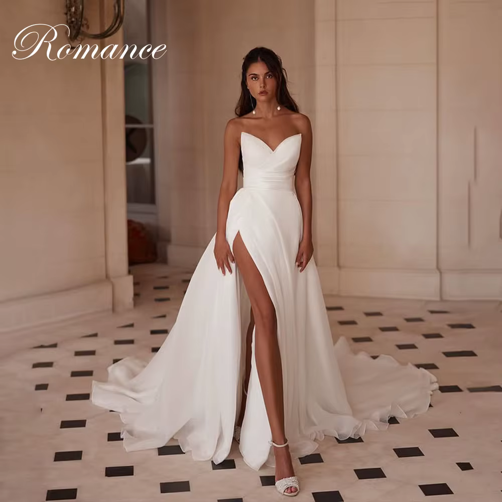 Robe De mariée trapèze plissée, Sexy, col en v, fendue sur le côté haut, dos ouvert, sans manches, p