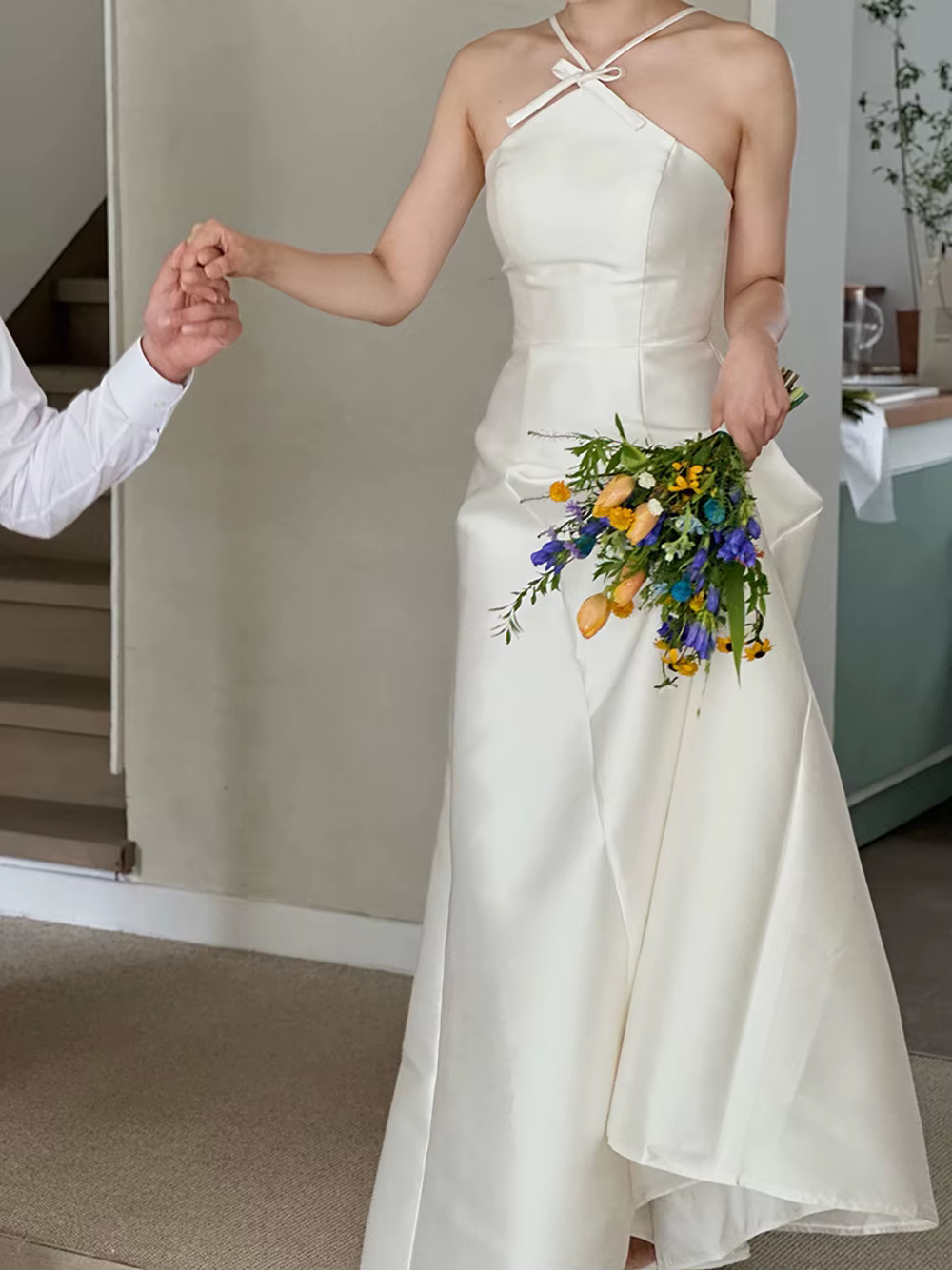 Robe de mariée A-ligne élégante, longueur au sol, robe de fête d'anniversaire en fibre, nœud doux, l