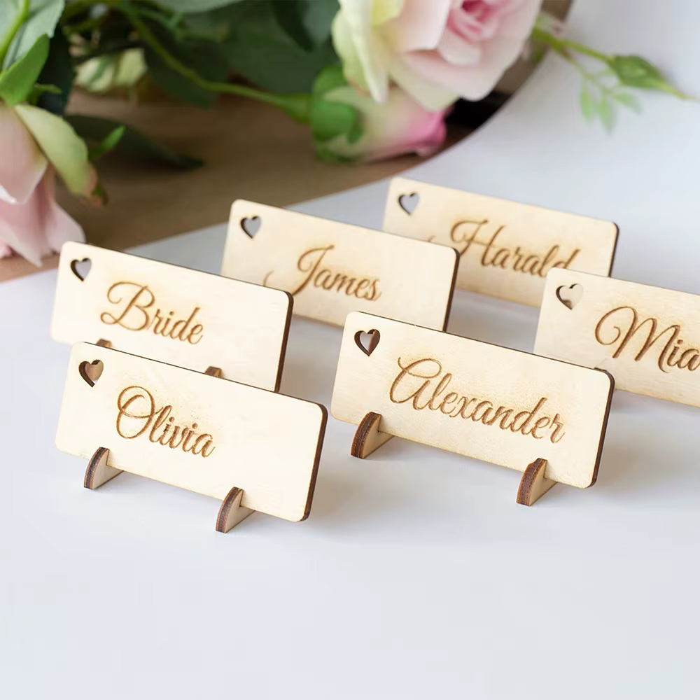 Cartes de Place personnalisées en bois avec support, étiquettes nominatives de mariage, cartes de ré