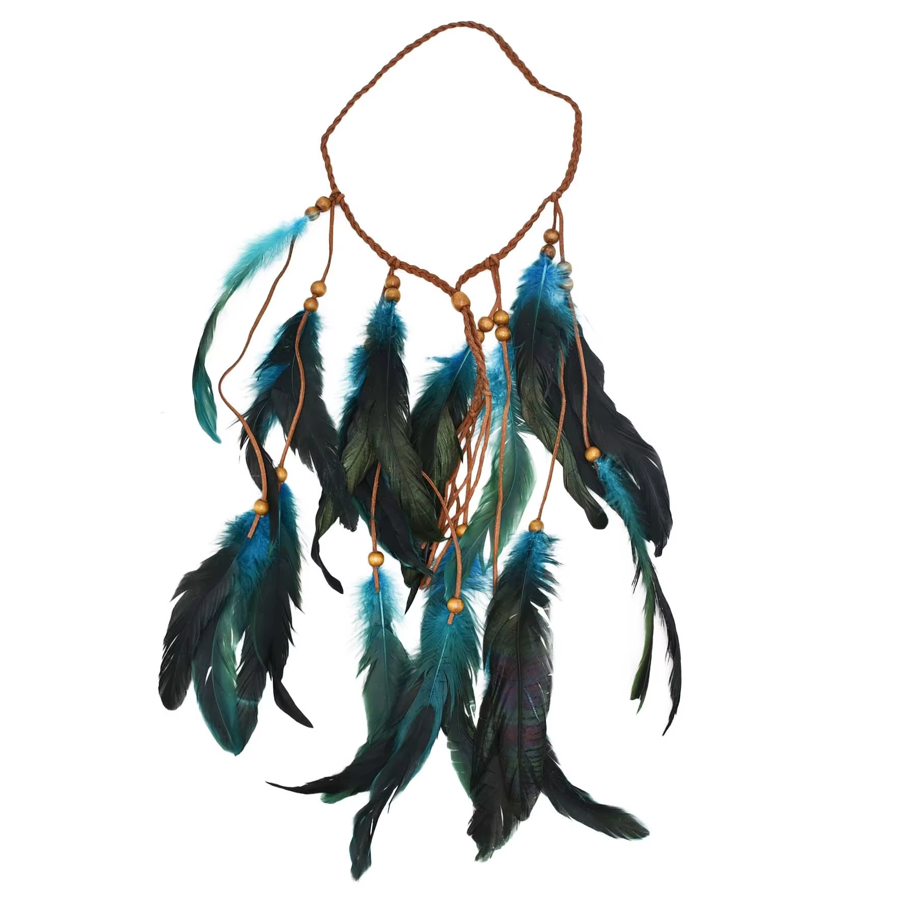 Perles de bois ethniques tribales indiennes traditionnelles, bandeau en plumes en cuir, corde à chev