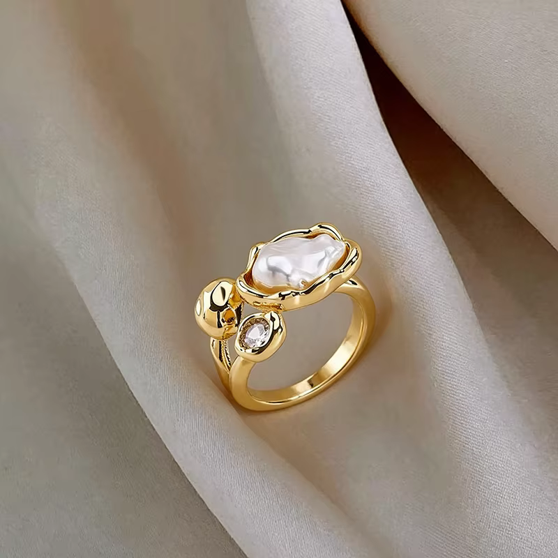 Bague ouverte en métal avec imitation perle baroque, design sensationnel pour femmes et jeunes fille