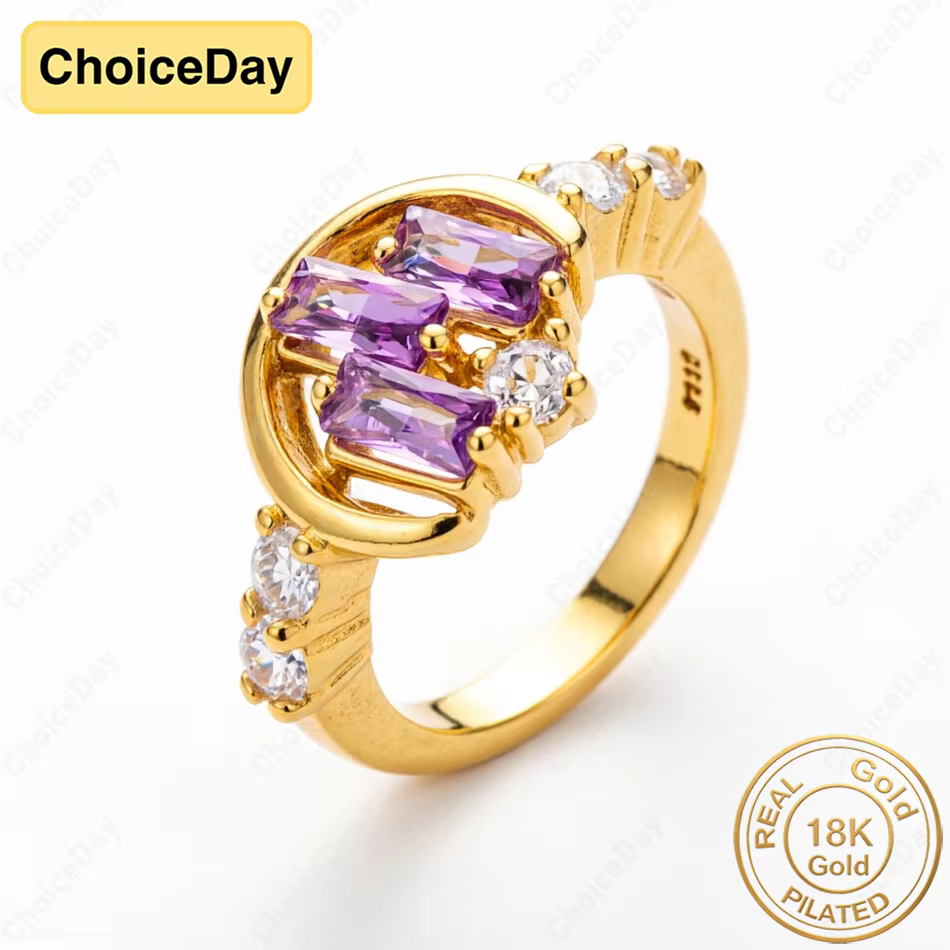 Bague ovale en améthyste et zircon plaqué or 18 carats, charmante et luxueuse, pour femme, bijou ten