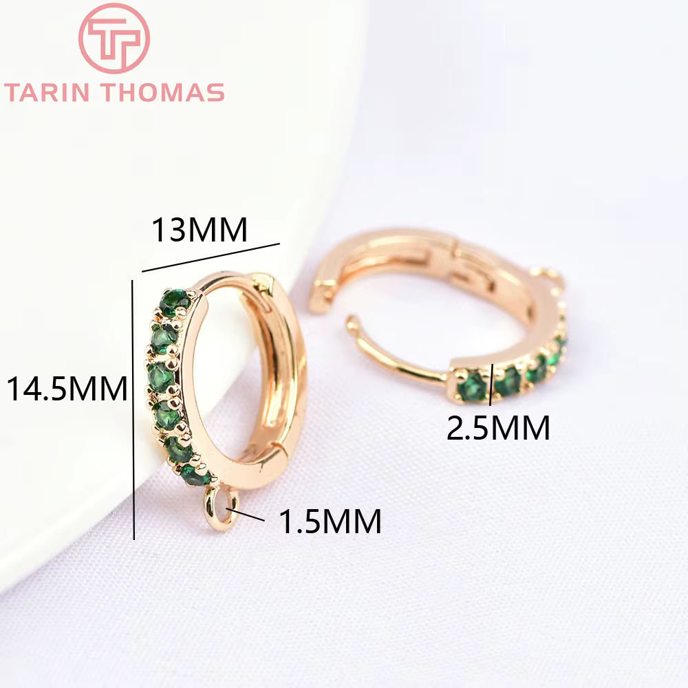 (1980)4 pièces 13MM 24K couleur or plaqué laiton avec Zircon boucle d'oreille cerceau boucles d'orei