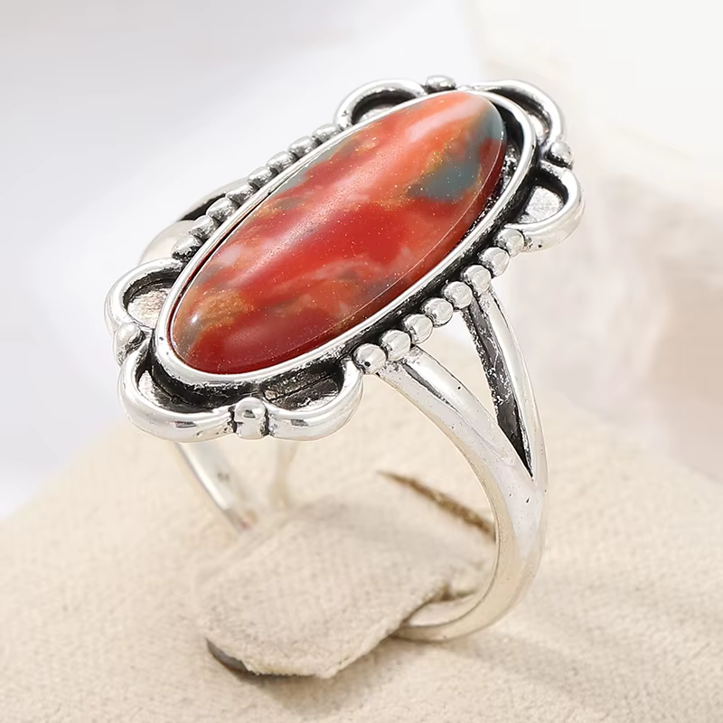 Bague vintage pour femme incrustée de pierres rouges, couleur argent ethnique, sculptée à la main, p